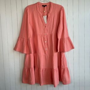 Quince size M gauze long sleeve tiered mini dress 100% cotton coral blush NEW